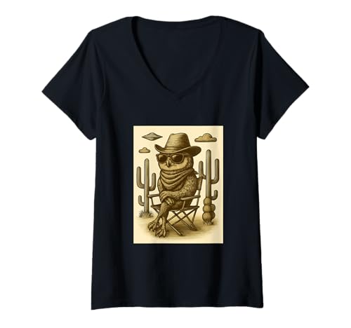 Damen Vintage Cowboy Eule Sonnenbrille Tier Kunst Alien UFO Western T-Shirt mit V-Ausschnitt von Retro Cowboy Animals in Glasses with UFO Clothing