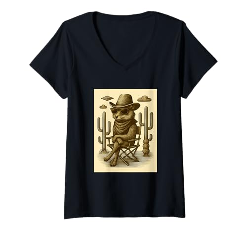 Damen Vintage Cowboy Fuchs Sonnenbrille Tier Kunst Alien UFO Western T-Shirt mit V-Ausschnitt Damen Vintage Cowboy Fuchs Sonnenbrille Tier Kunst Alien UFO Western T-Shirt mit V-Ausschnitt von Retro Cowboy Animals in Glasses with UFO Clothing