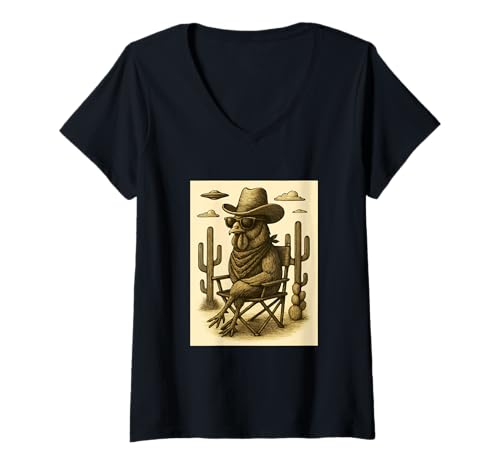Damen Vintage Cowboy Hahn Sonnenbrille Tier Alien UFO Western T-Shirt mit V-Ausschnitt von Retro Cowboy Animals in Glasses with UFO Clothing