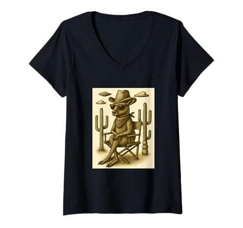 Damen Vintage Cowboy Känguru Sonnenbrille Tier Alien UFO Western T-Shirt mit V-Ausschnitt von Retro Cowboy Animals in Glasses with UFO Clothing