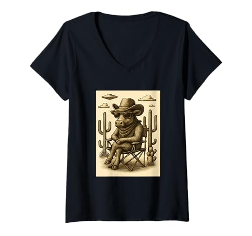 Damen Vintage Cowboy Kuh Sonnenbrille Tier Kunst Alien UFO Western T-Shirt mit V-Ausschnitt Damen Vintage Cowboy Kuh Sonnenbrille Tier Kunst Alien UFO Western T-Shirt mit V-Ausschnitt von Retro Cowboy Animals in Glasses with UFO Clothing