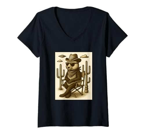 Damen Vintage Cowboy Panda Sonnenbrille Tier Alien UFO Western T-Shirt mit V-Ausschnitt Damen Vintage Cowboy Panda Sonnenbrille Tier Alien UFO Western T-Shirt mit V-Ausschnitt von Retro Cowboy Animals in Glasses with UFO Clothing