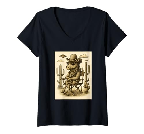 Damen Vintage Cowboy Pferd Sonnenbrille Tier Kunst Alien UFO Western T-Shirt mit V-Ausschnitt von Retro Cowboy Animals in Glasses with UFO Clothing