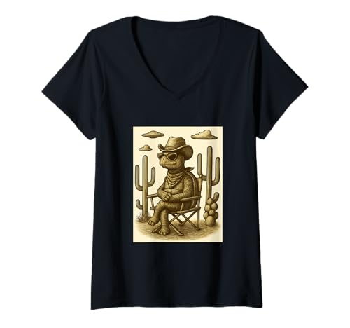 Damen Vintage Cowboy Turtle Sonnenbrille Tier Alien UFO Western T-Shirt mit V-Ausschnitt von Retro Cowboy Animals in Glasses with UFO Clothing
