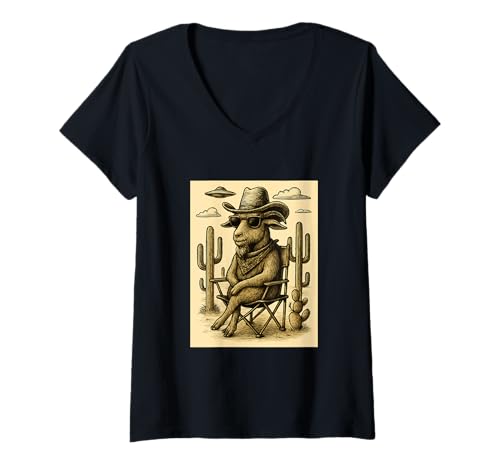 Damen Vintage Cowboy Ziege Sonnenbrille Tier Kunst Alien UFO Western T-Shirt mit V-Ausschnitt von Retro Cowboy Animals in Glasses with UFO Clothing