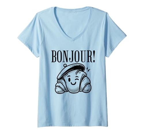 Damen Bonjour Croissant - Süßes Croissant für Paris, Frankreichliebhaber T-Shirt mit V-Ausschnitt Damen Bonjour Croissant - Süßes Croissant für Paris, Frankreichliebhaber T-Shirt mit V-Ausschnitt von Retro Croissant Apparel Gifts