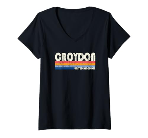 Damen Retro Vintage 70er 80er Jahre Stil Croydon, Vereinigtes Königreich T-Shirt mit V-Ausschnitt von Retro Croydon, United Kingdom Souvenirs