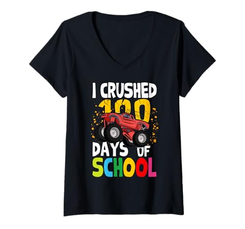 Damen Kids I Crushed 100 Days Of School – Jungen Geschenke Monster Truck T-Shirt mit V-Ausschnitt Damen Kids I Crushed 100 Days Of School – Jungen Geschenke Monster Truck T-Shirt mit V-Ausschnitt von Retro Crushed 100 Days Of School For Toddler Boys