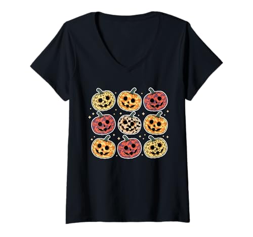 Damen Retro Pumpkin Cute Faces Halloween Fall T-Shirt mit V-Ausschnitt Damen Retro Pumpkin Cute Faces Halloween Fall T-Shirt mit V-Ausschnitt von Retro Cute Pumpkin Halloween