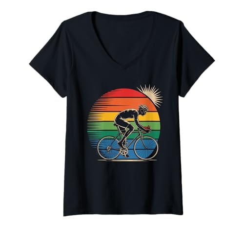 Damen Retro Sunset Cyclist T-Shirt - Vintage Rennrad Fahrer T-Shirt mit V-Ausschnitt Damen Retro Sunset Cyclist T-Shirt - Vintage Rennrad Fahrer T-Shirt mit V-Ausschnitt von Retro Cycling Apparel