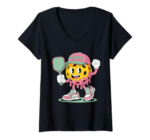 Damen Lustiger Pickleball-Ball, Eiscreme mit Paddel, Retro-Cartoon T-Shirt mit V-Ausschnitt von Retro Design Pickleball Ball Groovy style