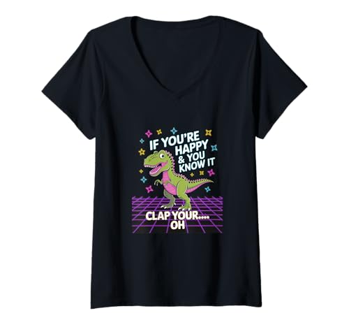 Damen Lustiger T-Rex Can't Clap - Happy and You Know It Witz T-Shirt mit V-Ausschnitt Damen Lustiger T-Rex Can't Clap - Happy and You Know It Witz T-Shirt mit V-Ausschnitt von Retro Dino Jokes & Prehistoric Humor Co.