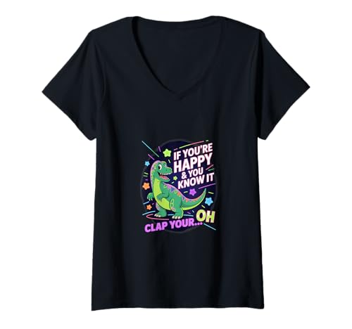 Damen Lustiger T-Rex Can't Clap - Happy and You Know It Witz T-Shirt mit V-Ausschnitt Damen Lustiger T-Rex Can't Clap - Happy and You Know It Witz T-Shirt mit V-Ausschnitt von Retro Dino Jokes & Prehistoric Humor Co.