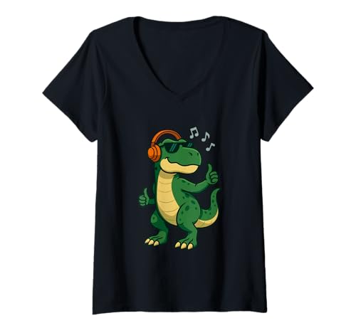 Damen Cooler Dinosaurier mit Kopfhörern zum Musikhören T-Shirt mit V-Ausschnitt von Retro Dino Music Vibes Apparel