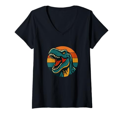 Damen Roaring T-Rex Dinosaurier Retro Style T-Shirt mit V-Ausschnitt von Retro Dinos and Jurassic Vibes