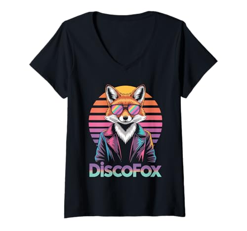 Damen DiscoFox Retro Party Tanz Fuchs T-Shirt mit V-Ausschnitt von Retro Disco Party Tanz Fuchs Club