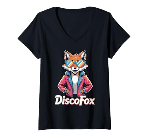 Damen DiscoFox Retro Party Tanz Fuchs T-Shirt mit V-Ausschnitt Damen DiscoFox Retro Party Tanz Fuchs T-Shirt mit V-Ausschnitt von Retro Disco Party Tanz Fuchs Club