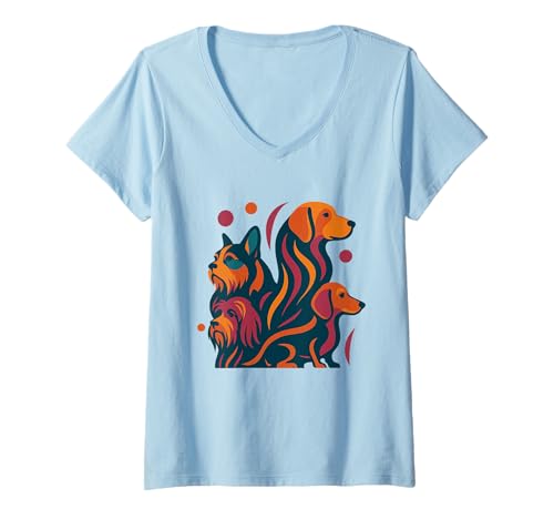 Damen Vintage Hunde Shirt Mid-Century Modern Stil 50er 60er T-Shirt mit V-Ausschnitt von Retro Dog Lover Shirt Mid-Century Boutique