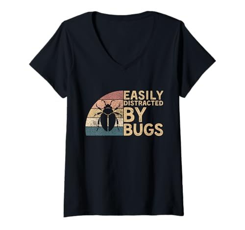 Damen Witziges Wissenschafts-Zitat von Käfern, leicht von Käfern abgelenkt T-Shirt mit V-Ausschnitt Damen Witziges Wissenschafts-Zitat von Käfern, leicht von Käfern abgelenkt T-Shirt mit V-Ausschnitt von Retro Easily Distracted By Bug Silhouette