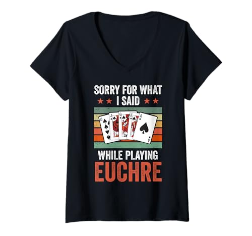 Damen Euchre Bash Design Männer Frauen Karten Spieleabend T-Shirt mit V-Ausschnitt von Retro Euchre Karten Outfit