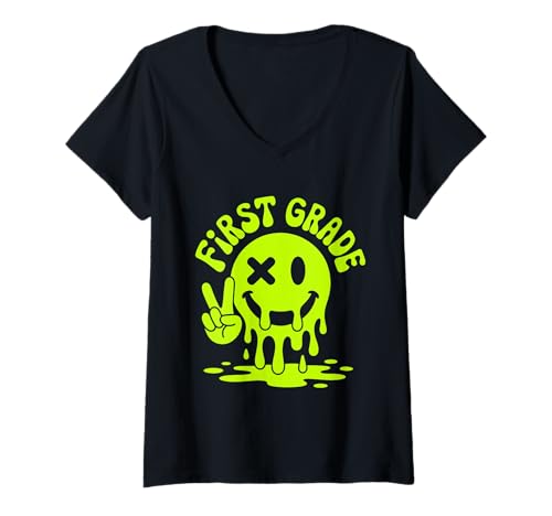 Damen Erste Klasse - Erster Schultag im Vintage-Stil Zurück zur Schule T-Shirt mit V-Ausschnitt von Retro First Grade Apparel Gifts
