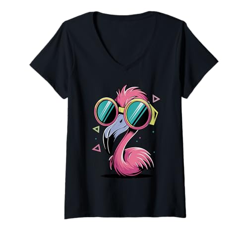 Damen Cool Retro Flamingo mit Sonnenbrille 70er 80er Vintage T-Shirt mit V-Ausschnitt Damen Cool Retro Flamingo mit Sonnenbrille 70er 80er Vintage T-Shirt mit V-Ausschnitt von Retro Flamingo Bekleidung Co.