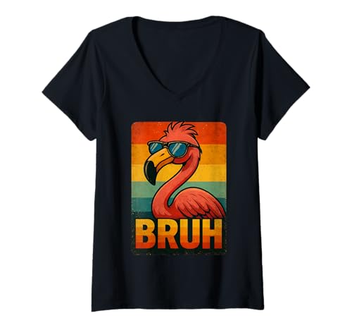 Damen Retro Flamingo Bruh in Sonnenbrille 70er 80er 90er Lustiger Flamingo T-Shirt mit V-Ausschnitt Damen Retro Flamingo Bruh in Sonnenbrille 70er 80er 90er Lustiger Flamingo T-Shirt mit V-Ausschnitt von Retro Flamingo Bruh in Sunglasses Flamingo Lovers