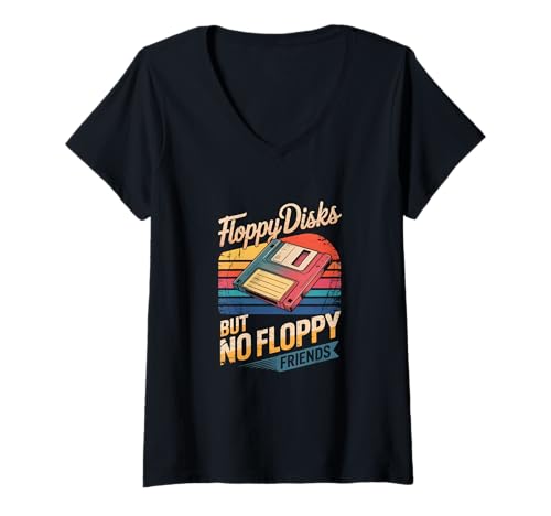 Damen Disketten, Aber Keine Diskettenfreunde Retro-Tech-Humor-Lieb T-Shirt mit V-Ausschnitt Damen Disketten, Aber Keine Diskettenfreunde Retro-Tech-Humor-Lieb T-Shirt mit V-Ausschnitt von Retro Floppy Disk Illustration With Vintage Stripe