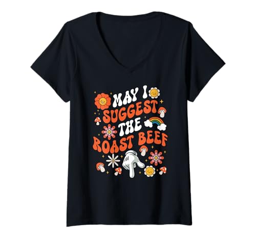 Damen Darf Ich das Roastbeef Empfehlen Lustiger Erwachsenenhumor T-Shirt mit V-Ausschnitt Damen Darf Ich das Roastbeef Empfehlen Lustiger Erwachsenenhumor T-Shirt mit V-Ausschnitt von Retro Floral Fun Vibes Peinlich Frecher Humor
