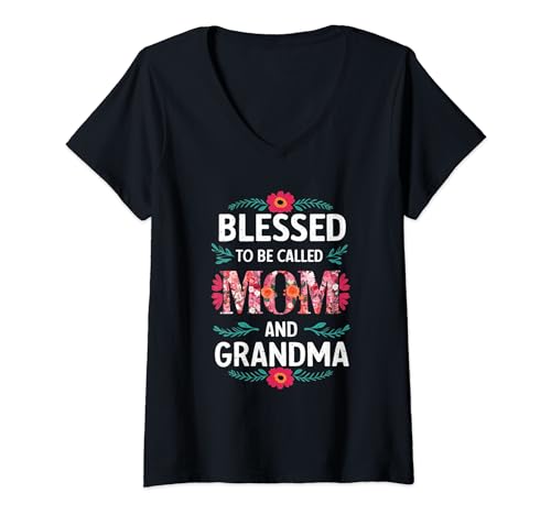Damen Gesegnet, Mama und Oma genannt zu werden Rosa Blumen Vintage T-Shirt mit V-Ausschnitt von Retro Floral Mama spring Matching Family Women