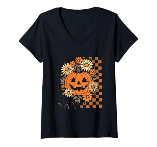 Damen Retro Floral Pumpkin Jack O Lantern Halloween Spooky Season T-Shirt mit V-Ausschnitt von Retro Floral Pumpkin Shirt