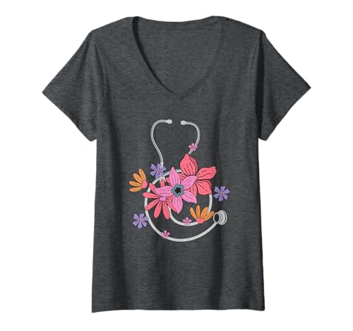 Damen Groovy Stethoskop Blumen Krankenschwesterwoche RN Nurse Day T-Shirt mit V-Ausschnitt von Retro Floral Stethoscope Doctor Nurse Week Apparel