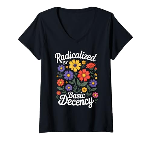 Damen Radicalized by Basic Decency Vintage-Blumendesign T-Shirt mit V-Ausschnitt Damen Radicalized by Basic Decency Vintage-Blumendesign T-Shirt mit V-Ausschnitt von Retro Flower Art Spread Kindness And Positivity