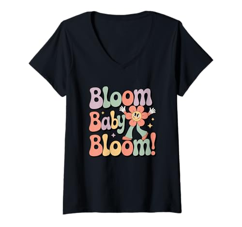 Damen Bloom Baby Bloom Flower Power Vibes im Retro-Look T-Shirt mit V-Ausschnitt Damen Bloom Baby Bloom Flower Power Vibes im Retro-Look T-Shirt mit V-Ausschnitt von Retro Flower Power Positive Vibes