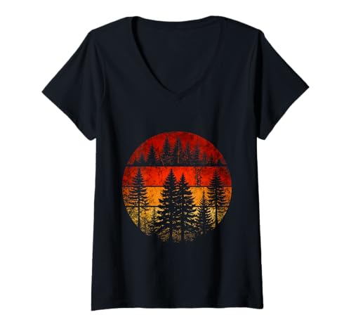 Damen Vintage Grafik Wald Bäume Frauen Männer Natur Outdoor T-Shirt mit V-Ausschnitt von Retro Forest Lovers