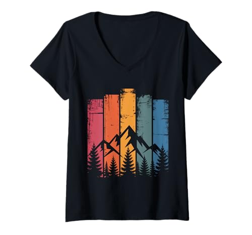Damen Wildlife Wald Natur Bäume Retro Outdoor Berge Wandern T-Shirt mit V-Ausschnitt Damen Wildlife Wald Natur Bäume Retro Outdoor Berge Wandern T-Shirt mit V-Ausschnitt von Retro Forest Nature Wildlife mountains