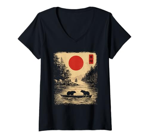 Damen Vintage Bär Boot See Japanischer Stil Tierwelt Natur T-Shirt mit V-Ausschnitt von Retro Forest Trees Outdoors Nature Vintage Graphic