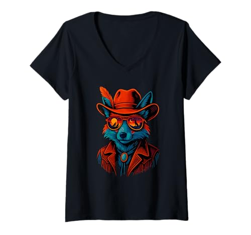 Damen Retro Cowboy Fox mit Sonnenbrille und Sonnenuntergang Wölfe T-Shirt mit V-Ausschnitt Damen Retro Cowboy Fox mit Sonnenbrille und Sonnenuntergang Wölfe T-Shirt mit V-Ausschnitt von Retro Fox, Cowboy Fox