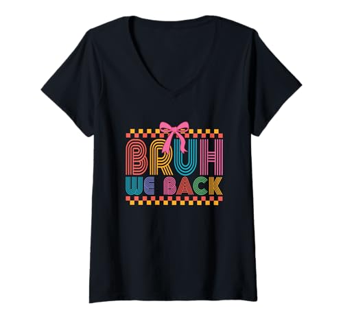 Damen Bruh We Back Farbenfroher, flippiger Retro-Stil T-Shirt mit V-Ausschnitt Damen Bruh We Back Farbenfroher, flippiger Retro-Stil T-Shirt mit V-Ausschnitt von Retro Funky Vibes Colorful Happy Fun
