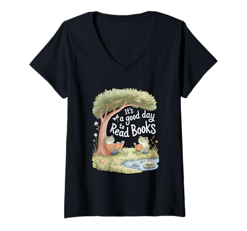 Damen It's A Good Day to Read Book Retro Funny Frog Toad T-Shirt mit V-Ausschnitt von Retro Funny Frog Toad Vibes