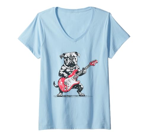Damen Vintage Bulldog Dog spielt Gitarre Funny Bulldog Grafik T-Shirt mit V-Ausschnitt Damen Vintage Bulldog Dog spielt Gitarre Funny Bulldog Grafik T-Shirt mit V-Ausschnitt von Retro Funny Musical Bulldog Dog Cool Tee