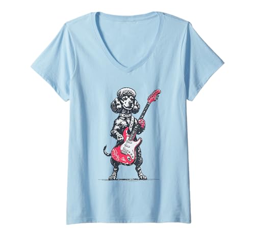 Damen Vintage Pudel Hund spielt Gitarre Funny Pudel Dog Grafik T-Shirt mit V-Ausschnitt Damen Vintage Pudel Hund spielt Gitarre Funny Pudel Dog Grafik T-Shirt mit V-Ausschnitt von Retro Funny Musical Poodle Dog Cool Tee