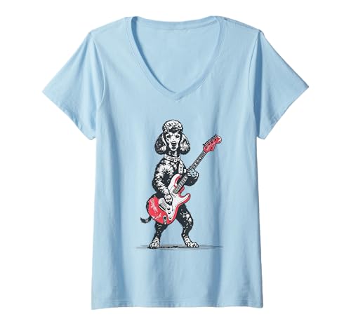 Damen Vintage Pudel Hund spielt Gitarre Funny Pudel Dog Grafik T-Shirt mit V-Ausschnitt Damen Vintage Pudel Hund spielt Gitarre Funny Pudel Dog Grafik T-Shirt mit V-Ausschnitt von Retro Funny Musical Poodle Dog Cool Tee