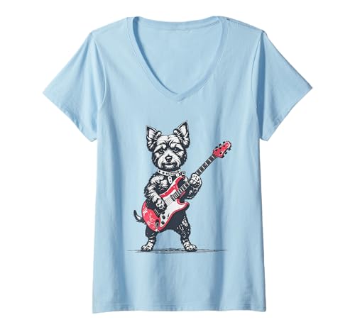Damen Vintage Yorkshire Terrier Hund spielt Gitarre lustige Grafik T-Shirt mit V-Ausschnitt von Retro Funny Musical Yorkshire Terrier Dog Cool Tee
