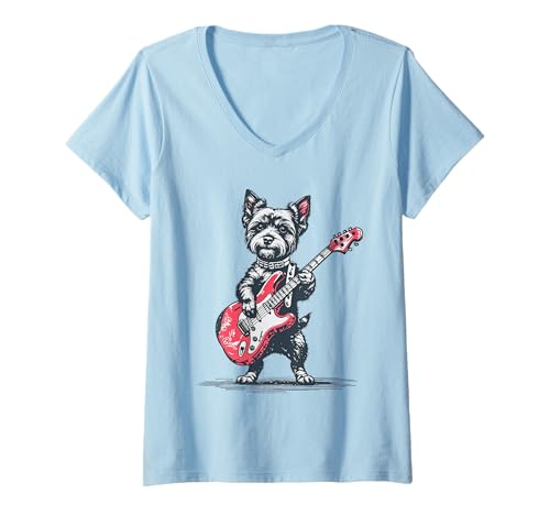 Damen Vintage Yorkshire Terrier Hund spielt Gitarre lustige Grafik T-Shirt mit V-Ausschnitt von Retro Funny Musical Yorkshire Terrier Dog Cool Tee
