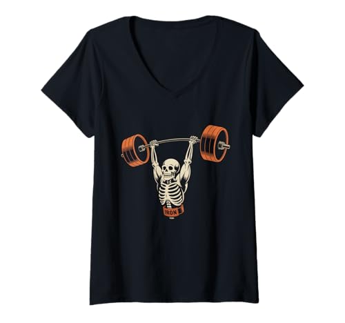 Damen Lustiges Skelett Bilder Skelett Gewichte Heben Too Love Gym T-Shirt mit V-Ausschnitt von Retro Funny Skeleton Shirt Gym Shirt Lifting Shirt