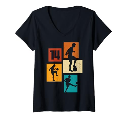 Damen 14. Geburtstag Fußball Spieler 14 Jahre alt Jungs Retro T-Shirt mit V-Ausschnitt Damen 14. Geburtstag Fußball Spieler 14 Jahre alt Jungs Retro T-Shirt mit V-Ausschnitt von Retro Fußball Geburtstag Jungs Männer Geschenk