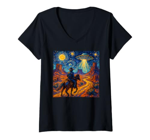 Damen Surreal Space Cowboy UFO Alien Western Trippy Kosmische Kunst T-Shirt mit V-Ausschnitt Damen Surreal Space Cowboy UFO Alien Western Trippy Kosmische Kunst T-Shirt mit V-Ausschnitt von Retro Futurist Space Cowboy Alien UFO Trippy Tees