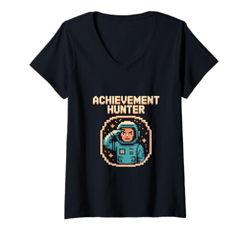 Damen Achievement Hunter Retro Pixel Astronaut Weltraum T-Shirt mit V-Ausschnitt von Retro Gamer Astronaut Pixel Weltraum Gaming