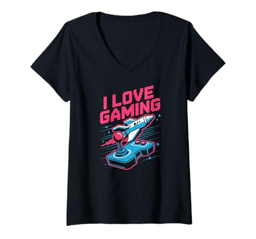 Damen I Love Gaming Rocket Joystick Pixel T-Shirt mit V-Ausschnitt von Retro Gamer Fun Arcade Console Pixels